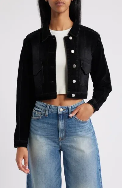 Ptcl Crop Flocked Denim Jacket In Black