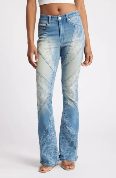 Ptcl Diagonal Seamed Tie Dye Flare Jeans In Light Indigo