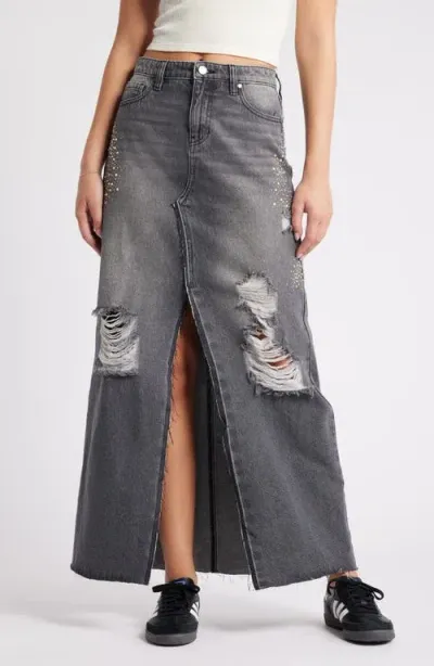 Ptcl Ripped Rhinestone Side Denim Maxi Skirt In Black Wash