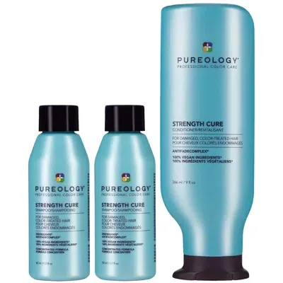 Pureology Strength Cure 2x Mini Shampoo 50ml And Conditioner 266ml Bundle For Damaged Hair, Vegan Formulas (wo In White