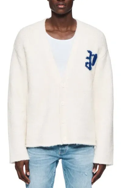 Purple Brand Relaxed Fit Intarsia Logo Cardigan In Off White