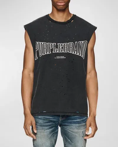 Purple Men's Distressed Jersey Tank Top In Textured Sleeveless