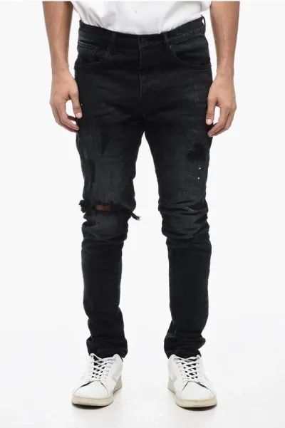 Purple Solid Color Slim Fit Distressed Jeans 16cm In Black