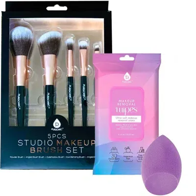 Pursonic Makeup Essentials Bundle Brushes Wipes & Blender Sponge In Multicolor