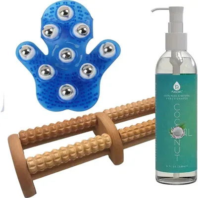 Pursonic Palm Shaped Massage Glove, Wooden Foot Massager, And Coconut Oil In Multicolor