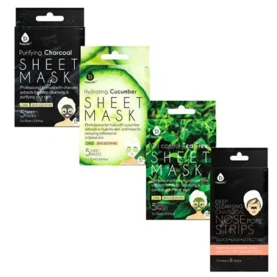 Pursonic Charcoal Sheet Mask + Tea Tree Sheet Mask + Cucumber Sheet Masks + Cleansing Charcoal Nose In Multicolor