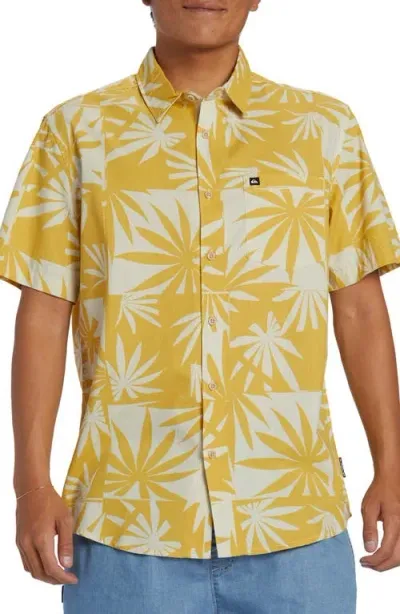 Quiksilver Apero Frond Print Short Sleeve Organic Cotton Button-up Shirt In Ochre