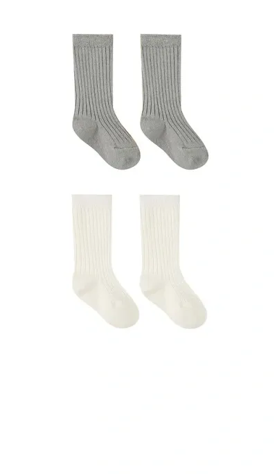 Quincy Mae Socks Set In Ivory & Dusty Blue