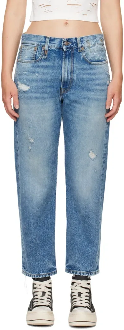 R13 Indigo Boyfriend Jeans In Bain W Rips