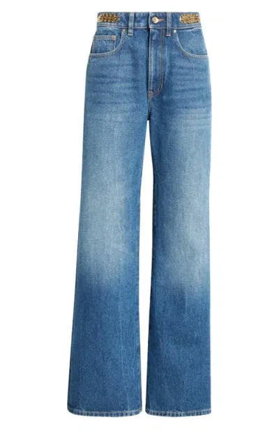 Rabanne 1969 Signature Discs Wide Leg Jeans In Dark Denim Stone