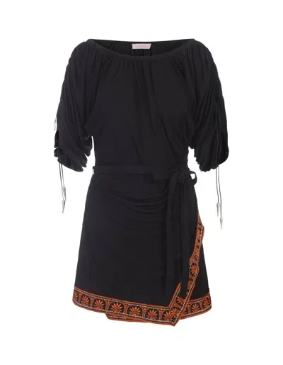 Rabanne Black Short Dress With Bare Shoulders And Printed Hemline