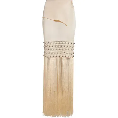 Rabanne Foldover Waist Fringed Knit Skirt In Beige