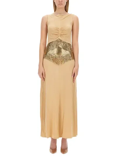 Rabanne Embellished Long Dress W/ Fringes In Bronze