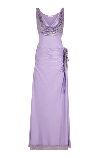 Rabanne Metallic Mesh-detailed Satin Jersey Maxi Dress In Purple