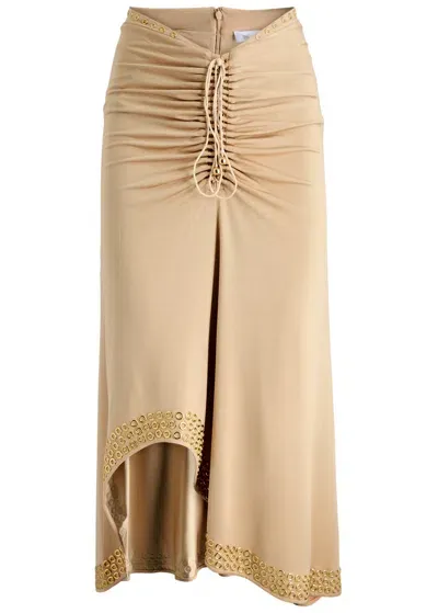 Rabanne Ruched Embellished Stretch-jersey Midi Skirt In Beige