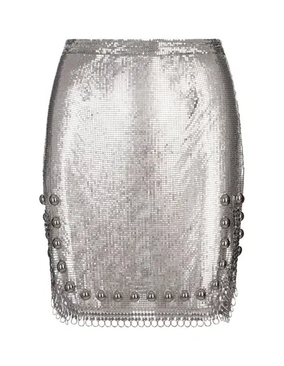 Rabanne Silver Mesh Short Skirt With Rings And Studs