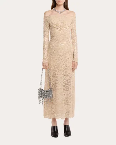 Rabanne Women's Sequin-embellished Ruched Lace Maxi Dress In Beige