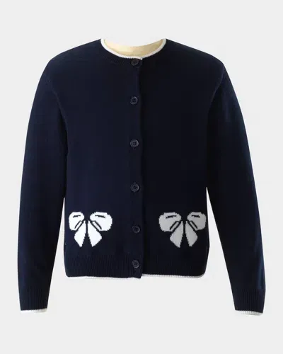 Rachel Riley Kids' Girl's Cardigan W/ Bow Intarsia In Navy