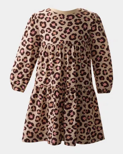 Rachel Riley Kids' Girl's Leopard-print Tiered Jersey Dress In Brown