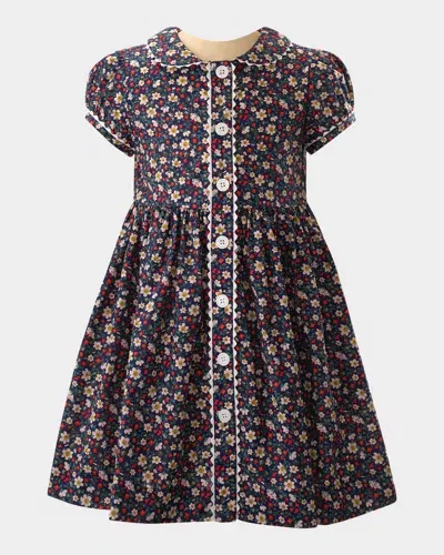 Rachel Riley Kids' Girl's Poppy Floral-print Button-front Dress In Navy