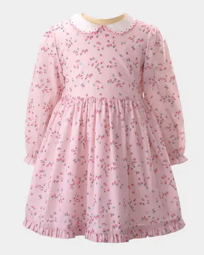 Rachel Riley Kids' Girl's Rosebud-print Scalloped Collar Dress In Pink