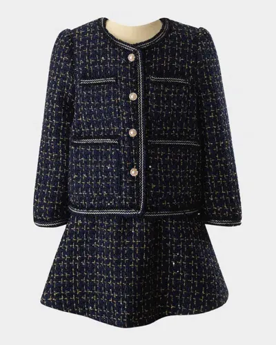 Rachel Riley Kids' Girl's Tweed Jacket & Skirt Set In Navy