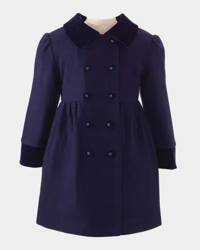 Rachel Riley Girl's Velvet-trim Double Breasted Coat In Navy