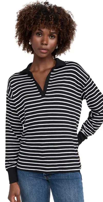 Rag & Bone The Knit Stripe Polo V Neck Blackwht In Black/white