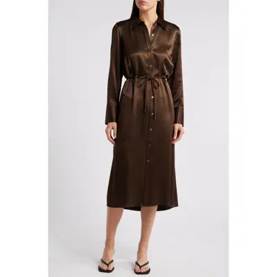 Rails Anina Tie Waist Long Sleeve Satin Midi Shirtdress In Dark Moss