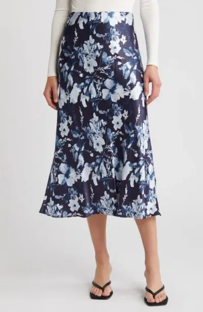 Rails Anya Floral Satin Midi Skirt In Indigo Blossoms