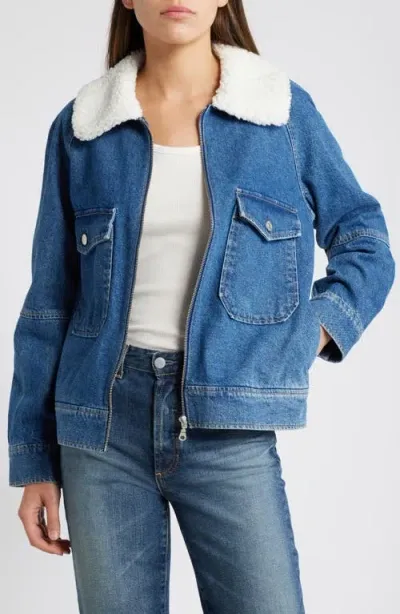 Rails Cheyenne Faux Shearling Collar Denim Zip-up Utility Jacket In Indigo Sherpa