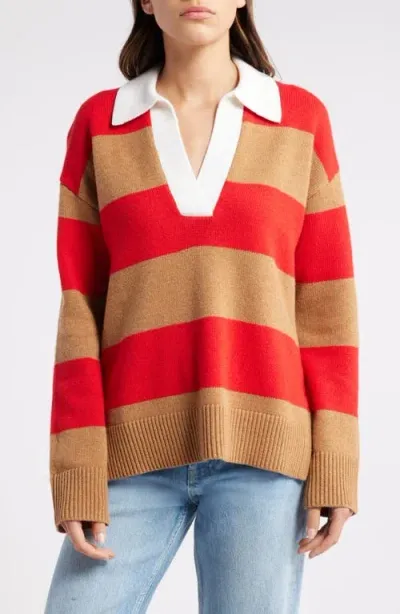 Rails Harris Stripe Cotton, Wool & Cashmere Polo Sweater In Cherry Camel Stripe