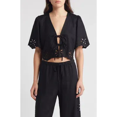 Rails Pari Eyelet Tie Front Linen Crop Top In Black Eyelet