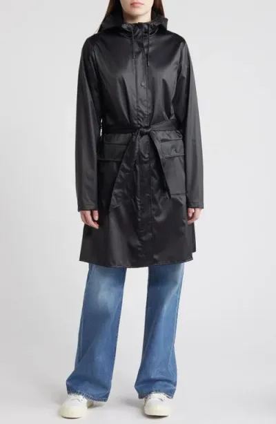 Rains Curve Waterproof Belted Jacket In Black Grain