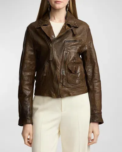 Ralph Lauren Andrea Studded Leather Distressed Moto Jacket In Dk Mocha