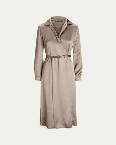 Ralph Lauren Aniyah Washed Charmeuse Belted Wrap Day Dress In Grey