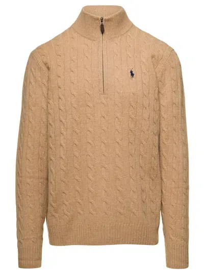 Ralph Lauren Beige Cable Knit Sweater With Zip And Pony Embroidery In Wool And Cashmere Man In Camel Melange