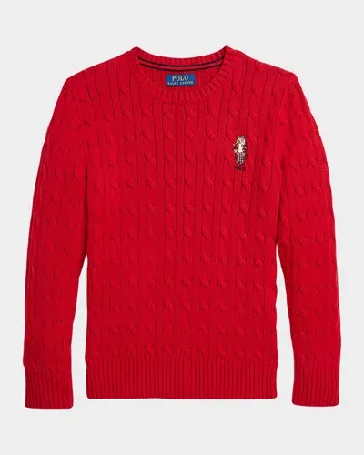 Ralph Lauren Kids' Boy's Cable Knit Sweater W/ Embroidered Mascot In Rl 2000 Red