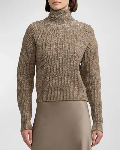 Ralph Lauren Embellished Cashmere Mockneck Sweater In Light Truffle Donegal