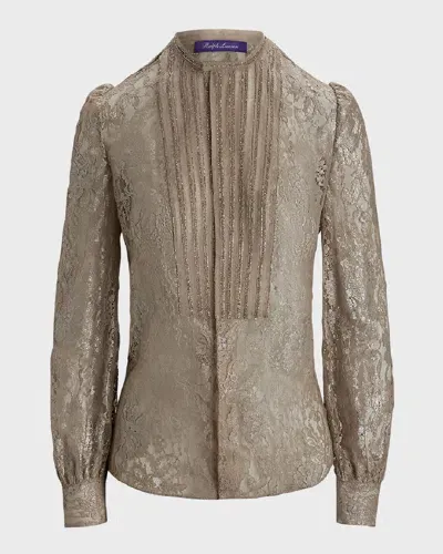 Ralph Lauren Kaydon Embellished-bib Metallic Lace Shirt In Silver