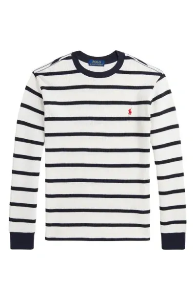 Ralph Lauren Polo  Kids' Stripe Cotton Waffle Knit Top In Nevis/rl Navy