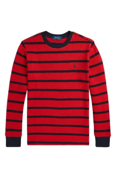 Ralph Lauren Polo  Kids' Stripe Waffle Knit Cotton Sweater In Red/navy