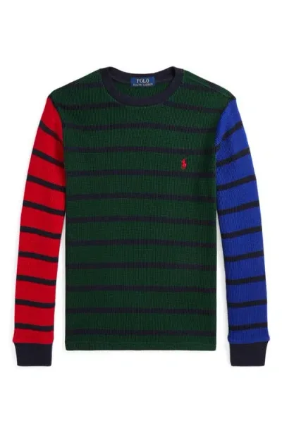 Ralph Lauren Polo  Kids' Stripe Waffle Knit Shirt In College Green Multi