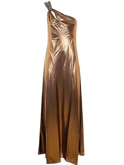 Ralph Lauren Larmon Sleeveless Gown In Copper Foil On Black