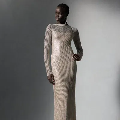 Ralph Lauren Metallic Sweater Evening Dress In Platinum