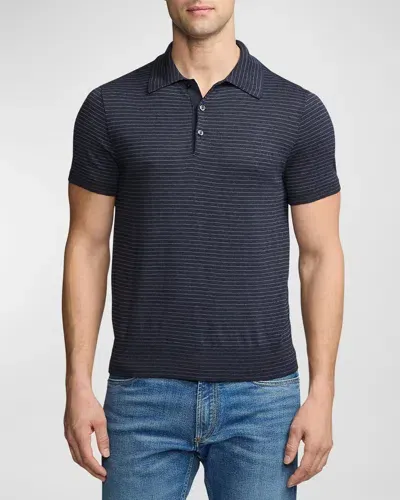 Ralph Lauren Purple Label Men's Striped Silk-cotton Polo-collar Sweater In Dark Melange Blue