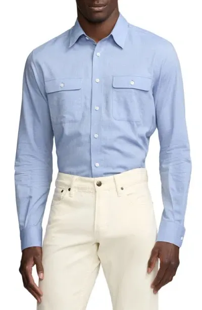 Ralph Lauren Purple Label Micro Cotton Herringbone Button-up Shirt In Blue