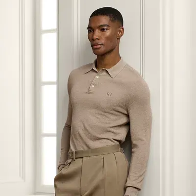 Ralph Lauren Purple Label Textured Silk-cotton Polo-collar Sweater In Dark Oatmeal Melange