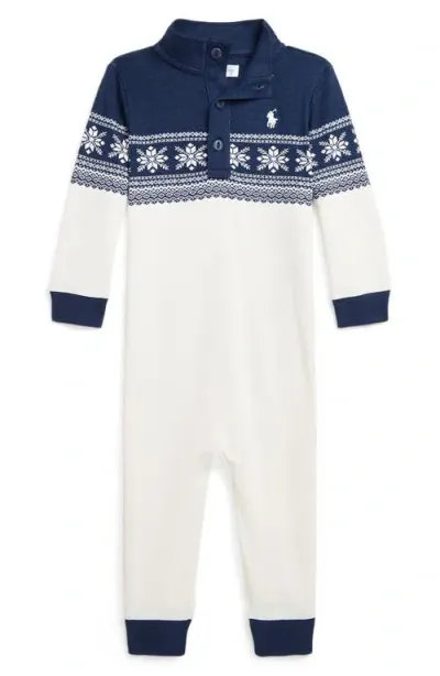 Ralph Lauren Babies'  Snowflake Print Long Sleeve Cotton Jumpsuit In Andres Geometric Navy