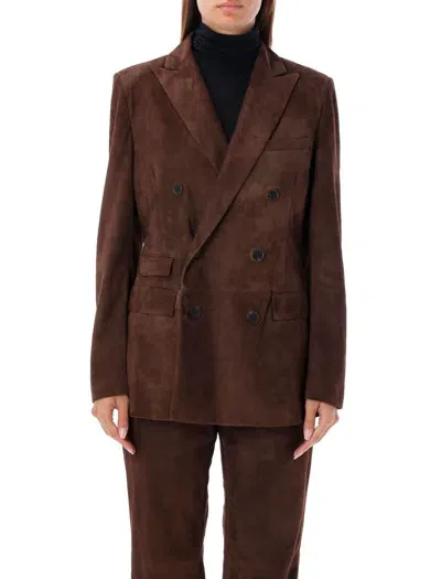 Ralph Lauren Suede Double-breasted Blazer In Luggage Brown